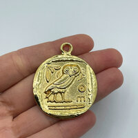 Gold Plated Athena Owl Pendant, Greek Coin Pendant, Goddess Athena Ancient Greek Coin Pendant, Gold 