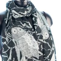 Owl Scarf Pashmina Shawl Hand Made Fair Trade Gift For Bird Lover, Soft Lightweight Scarf With Owls 