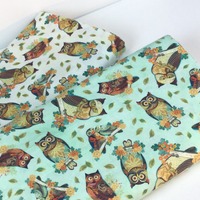 By the Yard ~ Tossed Owls 2 Colors: Aqua or Cream, 100% Cotton Fabric ~ Owl Arabesque Collection by