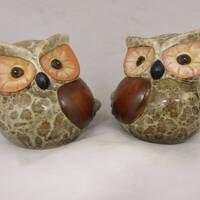 Pair of ceramic owls. Hand decorated owl figures