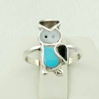 Vintage Owl Made With Turquoise, Mother of Pearl and Black Enamel Inlay Silver Ring FREE SHIPPING! #