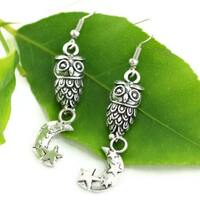 Owl Earrings with Moon and Stars, Whimsical Jewelry