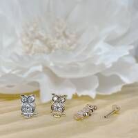 16ga CZ Paved Owl Top on Internally Threaded Flat Back Labret, Tragus, Cartilage, Piercing, Stud Ear