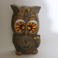 Vtg LG Ceramic OWL Mama & Baby Owl Figurine Statue Decor Bird Signed Daisy '73 - Owl Knick K
