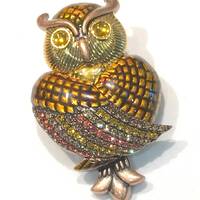 Vintage Joan Rivers Owl Brooch: Brown Enamel Rhinestone Copper Tone