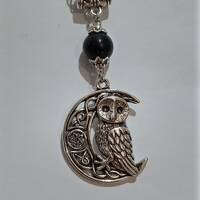 Crescent Moon and Owl with Blue Goldstone Necklace on Chain or Leather Thong. Unique Gothic Jeweller