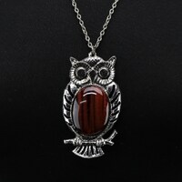 Vintage Owl Pendant Necklace Large Cats Eye Center Stone Groovy Boho Hippie Jewelry