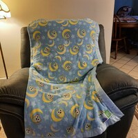 Owls and Crescent Moons on a baby blue cuddle fleece, Infant/Toddler Fleece Blanket with a baby blue