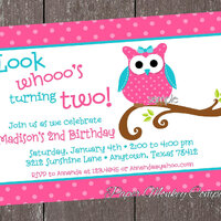 Pink and Teal Owl Birthday Invitations