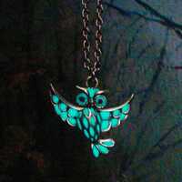 Owl Necklace Glow In The Dark Antique Silver - Glows Aqua
