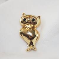 Vintage Brooch / Pin: "Monet" Smooth Owl with Black Rhinestone Eyes 1960s