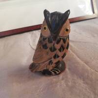 Hand-carved, painted horn owl for collectors or decorative purposes. Vintage from Austria