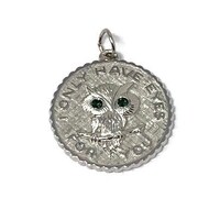 Vintage 1970s Owl Silver Tone Disk Pendant Charm: Valentines Sweetheart Jewelry Gift