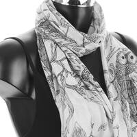 Owl Scarf Pashmina Shawl Hand Made Fair Trade Vegan Gift For Bird Lover, Soft Lightweight Scarf With