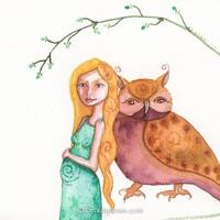 With Child and Owl Friend, Pregnant, Greeting Card or Photographic art print