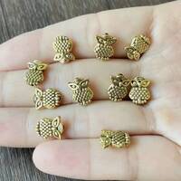12 Horned Owl Little Spacer Beads for Thread or Wire Small Antique  Gold  Owl Beads Mini Owl Charms 