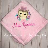 Personalized Baby Girl Owl Flowers Blanket/Baby Shower Gifts/Woodland Forest Nursery/Embroidered Hos