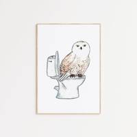 Snowy Owl taking bath Painting Wall Poster Watercolor Art Decor Print Drawing bathroom room white sn