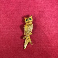 Vintage-Brooch-Pin-Owl-Gold-Green Eyes-Branch-Jewelry-Accessories