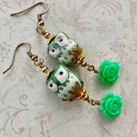 Ceramic Owl Earrings: Green Rose Accent, Gold Plated Hooks