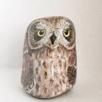 Hand Painted Stone. Owl Feather Bird . Natural River rock. Home Garden Decor. 3D animal. READY TO SH