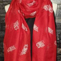 Red Owl Fashion Scarf- White Owl Scarf -Red and White Chunky Long Scarf -Owl-Spring Scarf-Ready to S