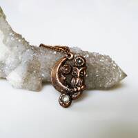 Copper Owl Moon Necklace, Pink & Green Tourmaline Crystal Jewelry, Crescent Moon Pendant, Heart