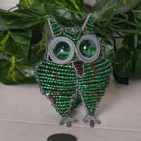Medium Owl African Beaded Wire Art Green