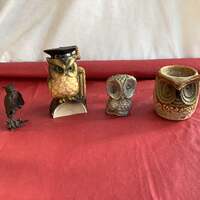 Lot of 4 - Owl Figurines - Tallest = 5.5&rdquo;T-Shortest = 3.5&rdquo;T - Two = Cast Iron, Two = Cer