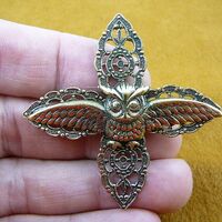flying Owl with wings spread night bird on filigree cross I love owls lover birds brass pin pendant 