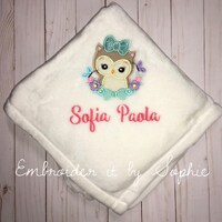Personalized Baby Girl Owl Flowers Blanket/Baby Shower Gifts/Woodland Forest Nursery/Embroidered Hos
