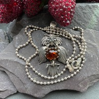 Vintage Owl Pendant Set With Amber & 16 1/2 " Chain In Sterling Silver.