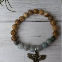 Gemstone owl bracelet, protective yoga jewelry, wrist mala, picture jasper, african turquoise, aquam