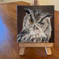 Horned Owl Oil Painting: Miniature Animal Art with Easel