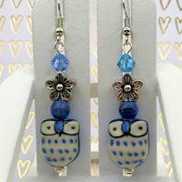 Handpainted Owl Earrings, Swarovski Crystals, Pierre Sodalite, Silverplated Daisies