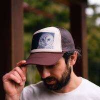 Barn Owl Hand Drawn Nature Print Hat, Tan & Brown Trucker Hat