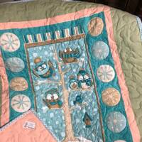 Baby owl quilt; pale blue, green and coral soft flannel.  cozy baby blanket
