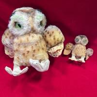 Vintage Lot of 2 Steiff Plush Stuffed Owl  Wittie with Green Eyes KNOPF IM OHR; 8"T X 6"L,