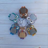 Owl keychain for bag and backpack. Crocheted owl keychain. Soft cute owl keychain.  Gray, brown, bei