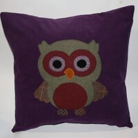 Handmade Purple Corduroy Appliqued Pure Wool Owl Cushion in Home Decor Filler and Cover Woodland The