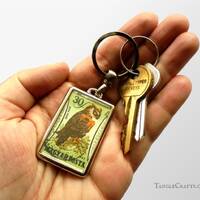 Owl Keychain - upcycled vintage postage stamp keyring | Eurasian Eagle Owl, bird of prey | 1962 birt