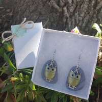 Green owl charm earrings with grey faux stone and silver findings