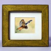 Framed Short-Eared Owl Watercolour Painting: Rustic Gold Frame, Original Art