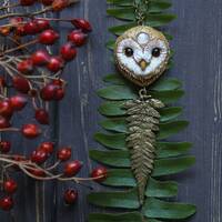 Barn Owl Necklace: Polymer Clay Pendant with Moonstone & Bronze Fern