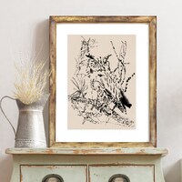 Owl Art Print, Great Horned Owl Drawing, Bird Sketch Neutral Wall Art, Minimalist Art Woodland Wall 