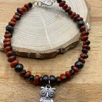 burnt orange beaded bracelet - padlock/owl charm- boho style