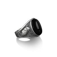 Owl on the tree with black onyz men silver rimg, Engraved owl pinky ring for men, 925 silver black o