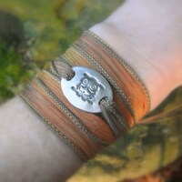 Handcrafted Owl Wrap Bracelet &ndash; Fine Silver & Silk Ribbon