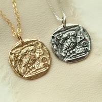 Owl of Athena Coin Necklace: Gold Filled or Sterling Silver Wisdom Jewelry