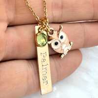 Personalized Owl Necklace: Gold Filled Bar, Crystal, Enamel Charm